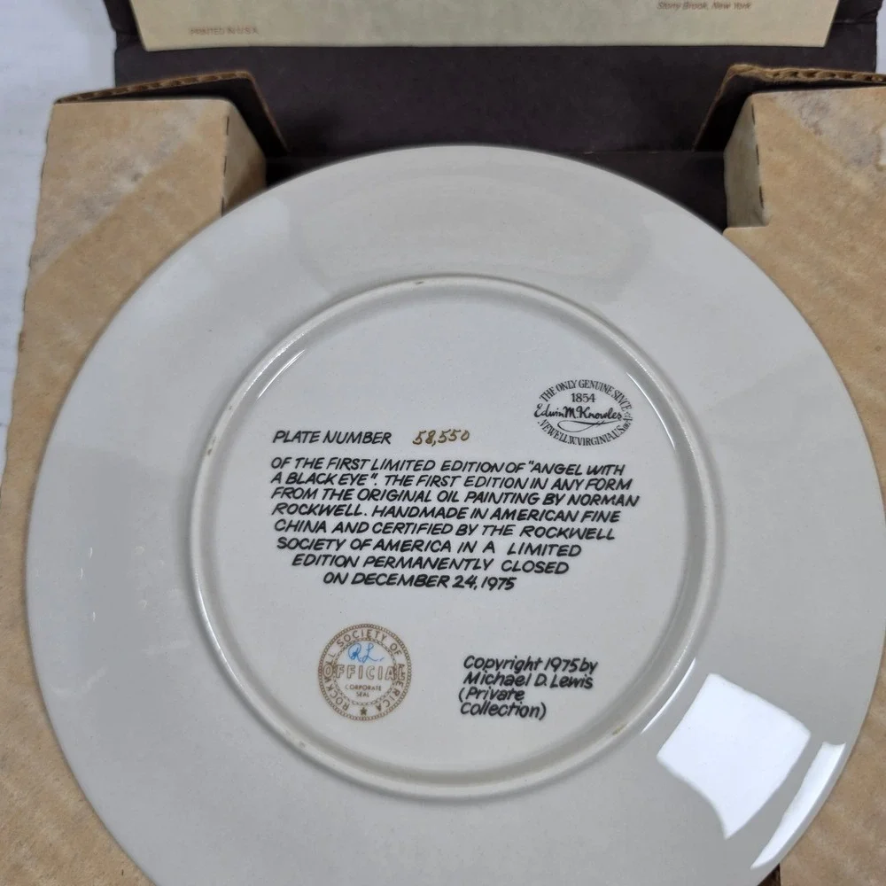 Norman Rockwell 1975 Christmas‎ Plate Angel with a Black Eye missing coa #58550